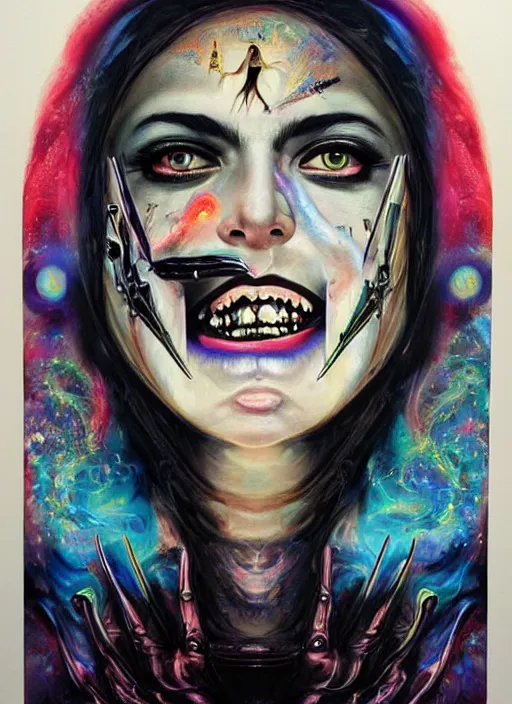 Image similar to gorgeous magic cult psychic woman smiling, third eye, energetic consciousness psychedelic, epic surrealism expressionism symbolism, story telling, iconic, dark robed, oil painting, symmetrical face, dark myth mythos, by Sandra Chevrier , H R Giger, masterpiece