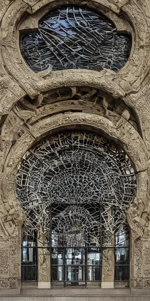 Prompt: a professional photograph of the revolving glass entryway to very beautiful beautiful deco department store by Louis Sullivan and H.R. Giger covered in obsidian and ironwork vines, deep crevices of stone, Chiaroscuro, layers of colorful reflections, rusticated stone base, rusticated stone base, rusticated stone base, crowds of people, crowds of people , Sigma 75mm, ornate, very detailed, Symmetrical composition, centered, intricate, panoramic, Dynamic Range, HDR, very chromatic aberration, Orton effect, 8k, painting by Jeremy Mann, cinematic, vignette, vignette, bokeh , atmospheric, trending on artstation