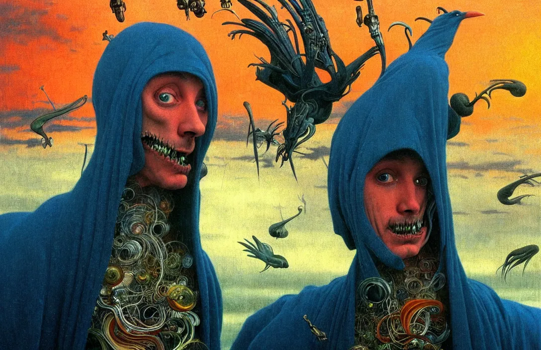 Image similar to realistic detailed portrait movie shot of a birdman wearing a dark robes, sci fi city landscape background by denis villeneuve, amano, yves tanguy, alphonse mucha, ernst haeckel, max ernst, roger dean, masterpiece, rich moody colours, dog teeth, blue eyes, sunset