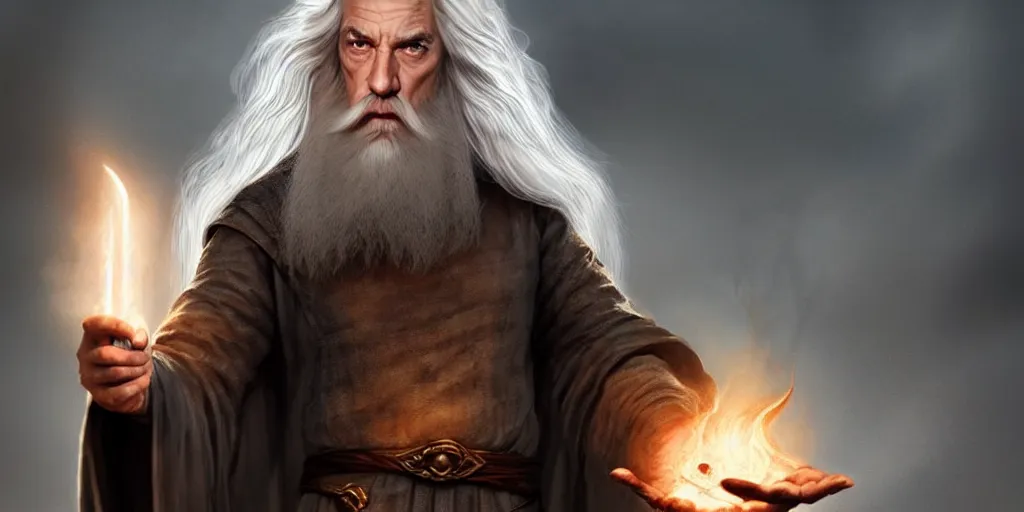 Prompt: a handsome bearded white male sorcerer, he is casting a spells coming from his hands. looks similar to gandalf but with brown hair, epic composition, closed hands, waist up, trending on artstation, concept art,