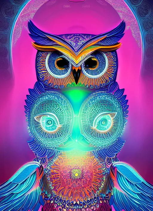 Image similar to symmetry!! product render poster vivid colors divine proportion owl, 神 圣, glowing fog intricate, elegant, highly detailed, digital painting, artstation, concept art, smooth, sharp focus, illustration,