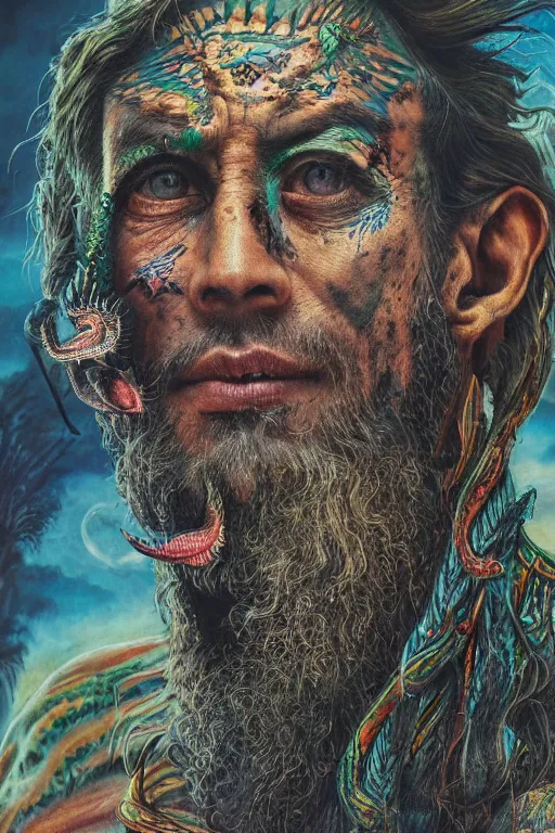 Prompt: hyperrealistic hyper detailed neo-surreal close-up 35mm portrait of levitating psychedelic shaman covered in dinosaur tattoos, rococo matte painting concept art very dramatic lighting low angle hd 8k sharp shallow depth of field