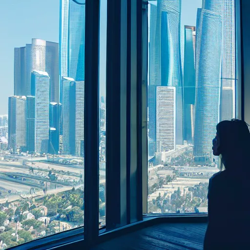 Prompt: a woman looking out her panoramic window at a futuristic cyberpunk los angeles. flying cars and vehicles