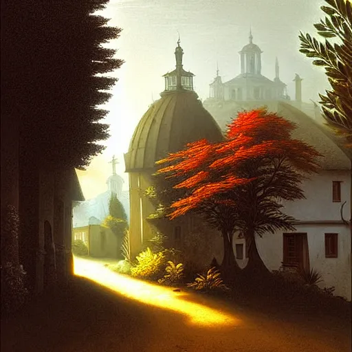 Prompt: in the style of gerald brom, caravaggio, beautiful small town, houses and buildings, 1 8 0 0 s, cobblestone roads, low light, end of day, trees, forest in the distance, light mist