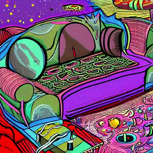 Image similar to couch sofa chesterfield flying through space psychedelic trippy eldritch horror cartoon