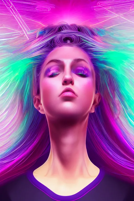 Image similar to a award winning half body portrait of a beautiful woman in a croptop and cargo pants with ombre purple pink teal hairstyle with head in motion and hair flying, surrounded by whirling illuminated lines, outrun, vaporware, shaded flat illustration, digital art, trending on artstation, highly detailed, fine detail, intricate