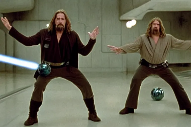 Image similar to A movie shot from Star Wars, The Dude from The Big Lebowski using the force on bowling balls making them levitate above the ground, on Degobah