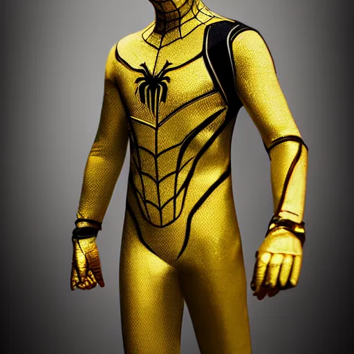 Image similar to gold spider - man suit with black web lining, cinematic, volumetric lighting, realistic, hyperdetailed, photorealistic, photograph