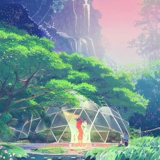 Image similar to geodesic dome in front of a lake with gardens and waterfall gapmoe kuudere moody lighting stunning bokeh highlights sharp contrast trending pixiv fanbox by victo ngai makoto shinkai takashi takeuchi studio ghibli