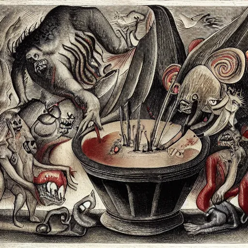 Prompt: monsters consumed transformed transmutation in a fiery alchemical cauldron, painted by bosch hell creatures