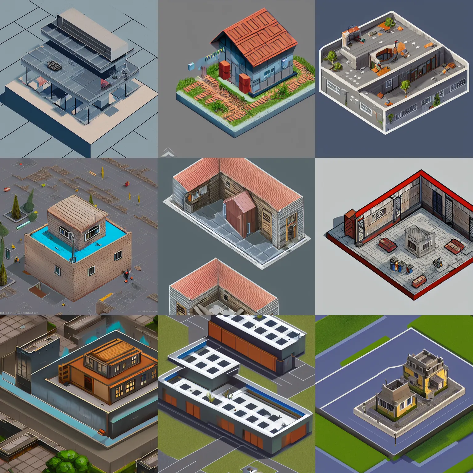 Prompt: isometric house, industrial flat roof, concept art, by senior environment artist, featured on polycount, romanesque, 2d game art, isometric, artstation