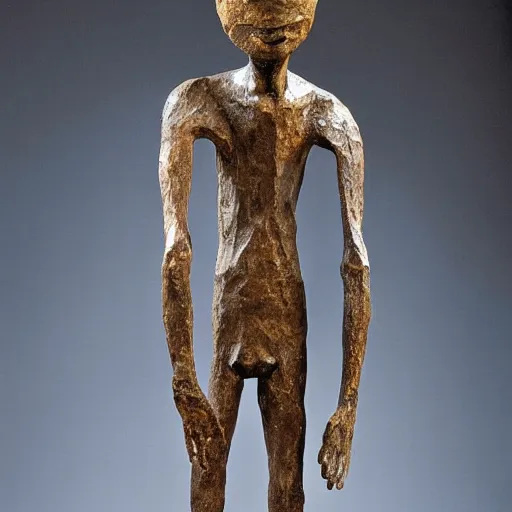 Image similar to Walking Man II by Alberto Giacometti wearing a cloth basketball jersey. Bronze Sculpture displayed in fine art museum.