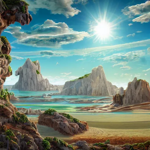 Image similar to the glory of old atlantis, which is an island in the middle of the Atlantic the size of Libya, with hills, mountains, a sun setting, fields being worked, oceans in the background, many tall trees, and a bit of desert in the scene. The civilization of atlantis has developed ancient advanced technologies such as mining, farming and medicine, in a surreal, abstract style