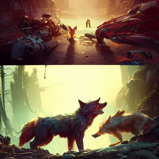 Image similar to a beautiful photograph of a biopunk wolf fighting a cyborg fox. intricate, epic lighting, cinematic composition, hyper realistic, 8 k resolution, unreal engine 5, by artgerm, tooth wu, dan mumford, beeple, wlop, rossdraws, james jean, marc simonetti, artstation