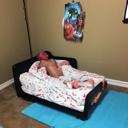 Image similar to kratos sleeping in kid sized bed