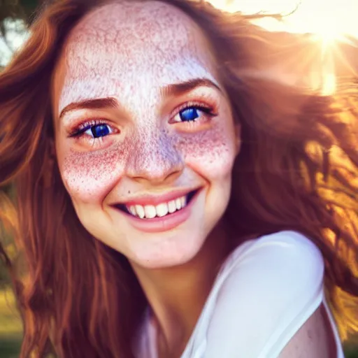 Image similar to beautiful hyperrealism selfie of a cute young woman smiling softly, long light bronze brown hair, cute freckles, flushed face, red blush, small heart - shaped face, soft features, emerald green eyes, golden hour, 8 k, sharp focus, instagram