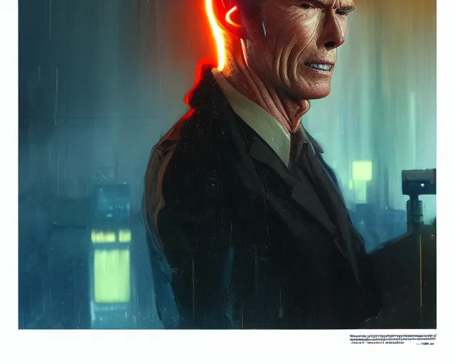 Image similar to 2 0 1 8 blade runner movie smooth face clint eastwood in his youth look at the cityscape from roof perfect face fine realistic face pretty face reflective polymer suit tight neon puffy jacket blue futuristic sci - fi elegant by denis villeneuve tom anders zorn hans dragan bibin thoma greg rutkowski ismail inceoglu illustrated sand storm alphonse mucha