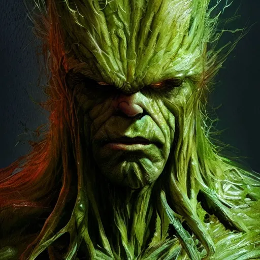 Prompt: a well designed portrait of Swamp thing , detailed, realistic, sketch style, Artstation,Greg Rutkowski, 8K resolution.