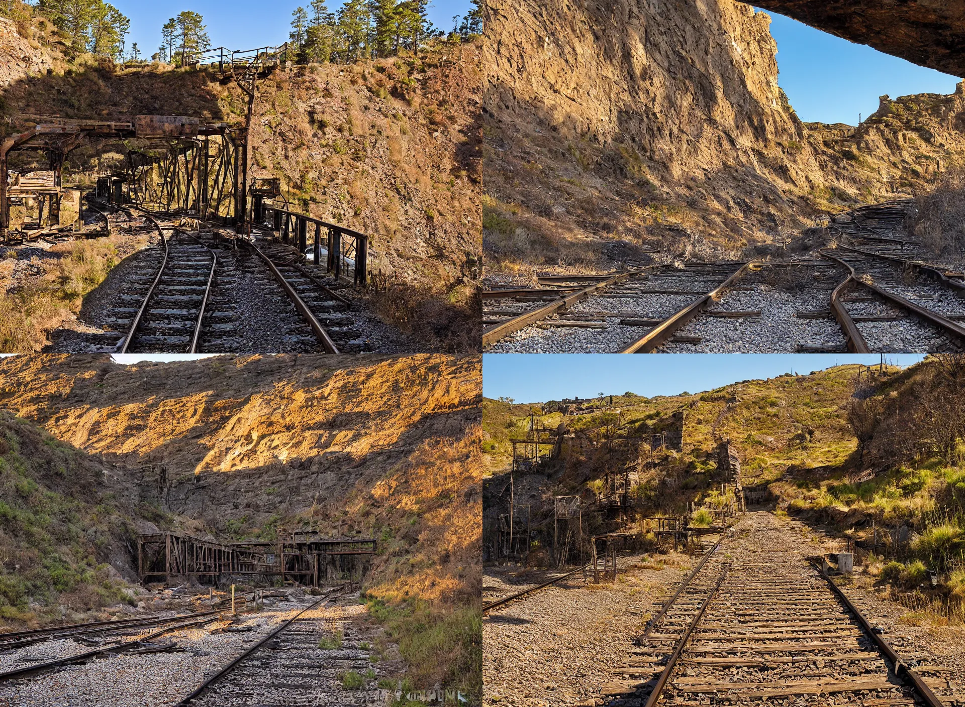 Prompt: entrance to abandoned mine, rail tracks lead from the mine, a mine cart sits on the tracks, sheer cliffs surround the scene, long shadows, golden hour, wide angle