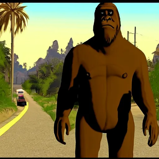 Prompt: bigfoot in gta san andreas caught on camera, leaked footage, cryptid