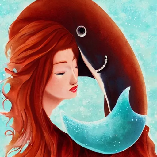 Image similar to a portrait of a red headed young woman hugging a whale in a scenic environment, digital art by Bowater Charlie