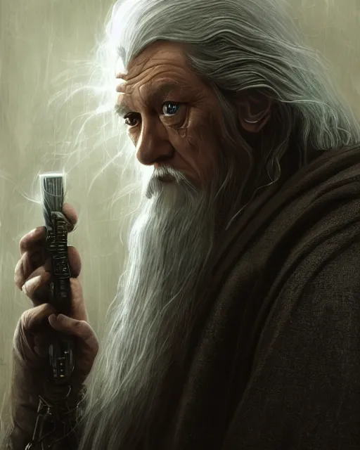 Image similar to gandalf with cybernetic enhancements, androidscifi character portrait by 1 / 4 headshot, cinematic lighting, dystopian scifi gear, gloomy, profile picture, mechanical, half robot, implants, steampunk