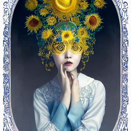 Image similar to taiwanese lady in white embroidered shirt, ukrainian national costume, filigree crown with blue and yellow textile embroidery sunflowers, intricate, elegant, digital painting, art nouveau, smooth, focus, rim light, charlie bowater, tom bagshaw, greg rutkowski