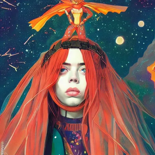 Prompt: closeup : beautiful breathtaking young billie eilish as the empress of the universe sits on stellar throne. illustration by james jean and satoshi kon and erik jones, inspired by evangelion, smooth feature, intricate oil painting, high detail illustration, sharp high detail