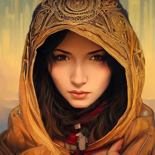 Image similar to character portrait of Mata Hari girl in a hoodie, relaxing mood, intricate, wild, highly detailed, digital painting, artstation, upper body, concept art, smooth, sharp focus, illustration, art by artgerm and greg rutkowski and alphonse mucha