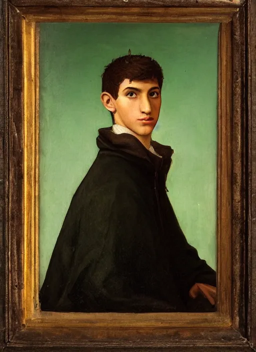 Image similar to a Spanish teenage boy with dark hair and green eyes, sharp jawline with a light beard, done in the style of a renaissance royal portrait