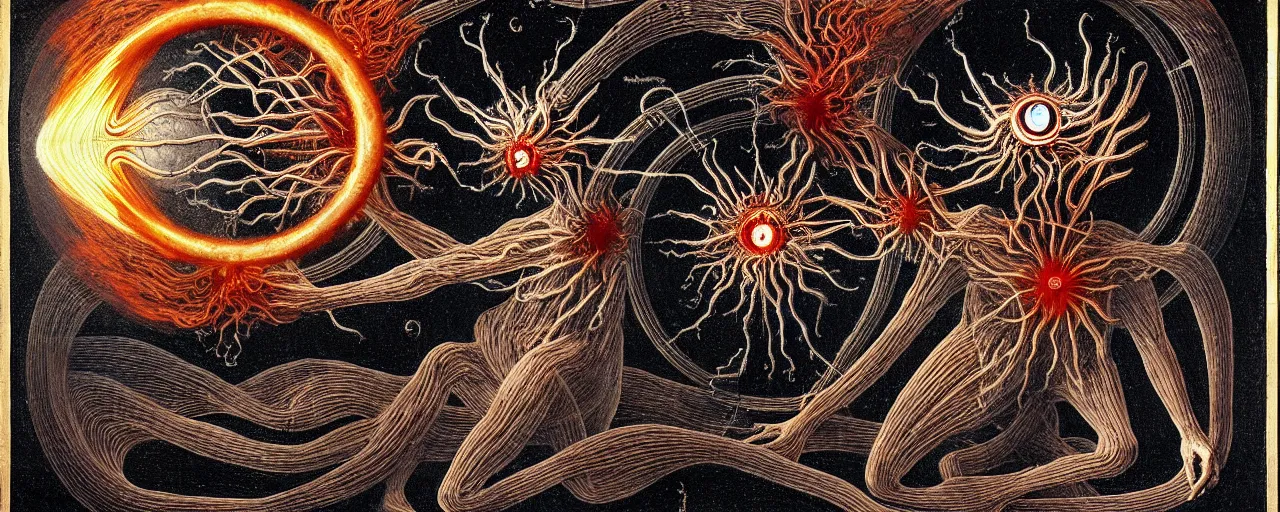 Image similar to a strange fire creature with endearing eyes radiates a unique canto'as above so below'while being ignited by the spirit of haeckel and robert fludd, breakthrough is iminent, glory be to the magic within, in honor of saturn, painted by ronny khalil