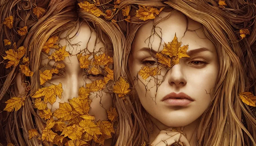 Image similar to golden leaves at frame border, magical lighting, creative!!! composition for a book cover!!!, absurdly beautiful, ultrafine hyperrealistic detailed old!! witch face by wlop and artgerm and alphonse mucha, intricate linework, sharp focus, smooth, octopath traveler, final fantasy, unreal engine, dramatic lighting, ethereal, 8 k