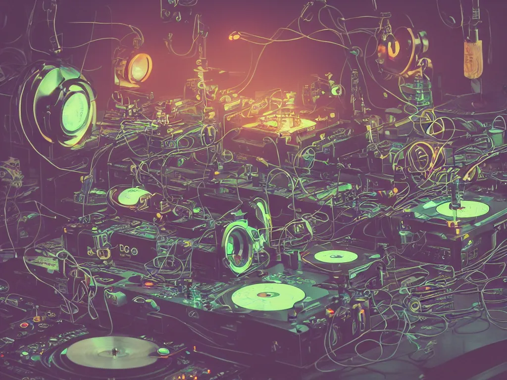 Image similar to a person wearing goggles and visor and headphones using a steampunk record player contraption, wires and tubes, turntablism dj scratching, intricate planetary gears, cinematic, imax, sharp focus, leds, bokeh, iridescent, black light, fog machine, hazy, lasers, art by simon stalenhag and beeple