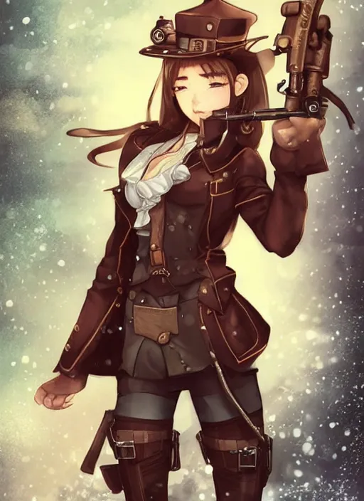 Image similar to girl with steampunk weapons and uniform, serious, intense, finely detailed, made by artgerm, full body portrait, illustration, snow, snowing, cloudy, anime, side view, perfect anime face, realistic face, zoomed out, smooth, brown eyes, high waisted shorts, sharp focus