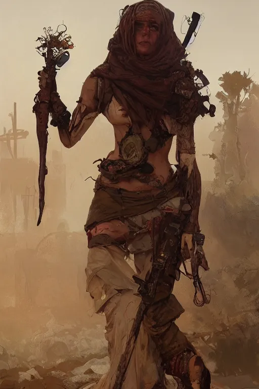 Image similar to a full body portrait of a beautiful post apocalyptic offworld butchers district bedouin blind pulp fiction scarlet wild rogue barbarian leper begging by the roadside, intricate, elegant, highly detailed, digital painting, artstation, concept art, smooth, sharp focus, illustration, art by krenz cushart and artem demura and alphonse mucha