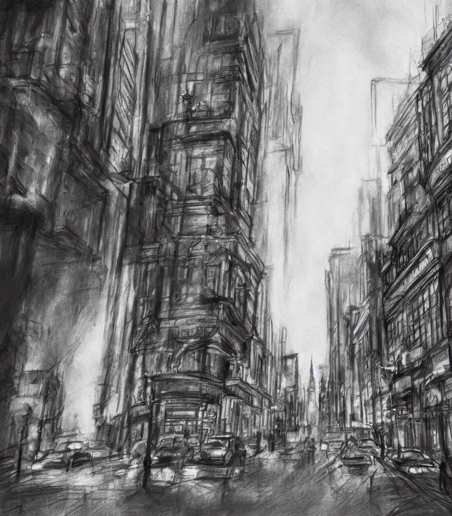 Image similar to charcoal sketch cityscape concept sketch dreamy evocative breathtaking realistic detailed 4 k 8 k red signs