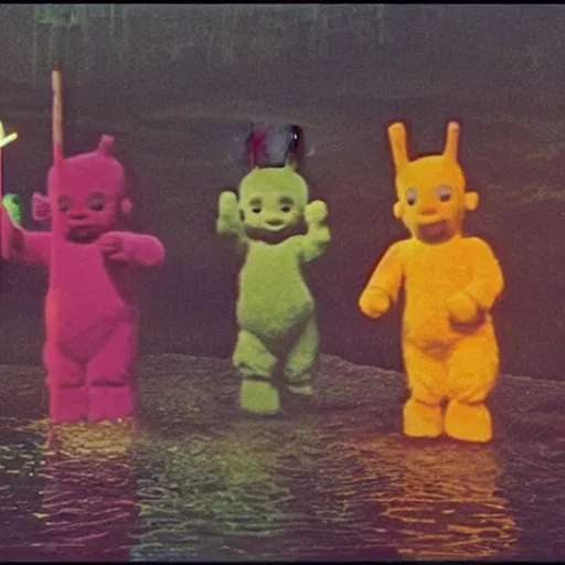 Image similar to A grainy surveillance photo of a cult of Teletubbies sacrificing a brine shrimp to Odin, the Norse god.