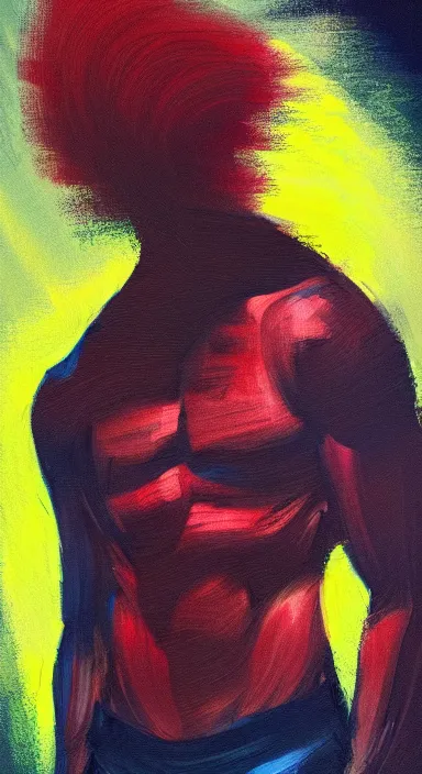 Image similar to very dark background, a thin, athletic physique man's body made of bright colored thick flowing dramatic brush strokes, no face, strong wind, matte colors, impressionist, extreme motion, trending on artstation