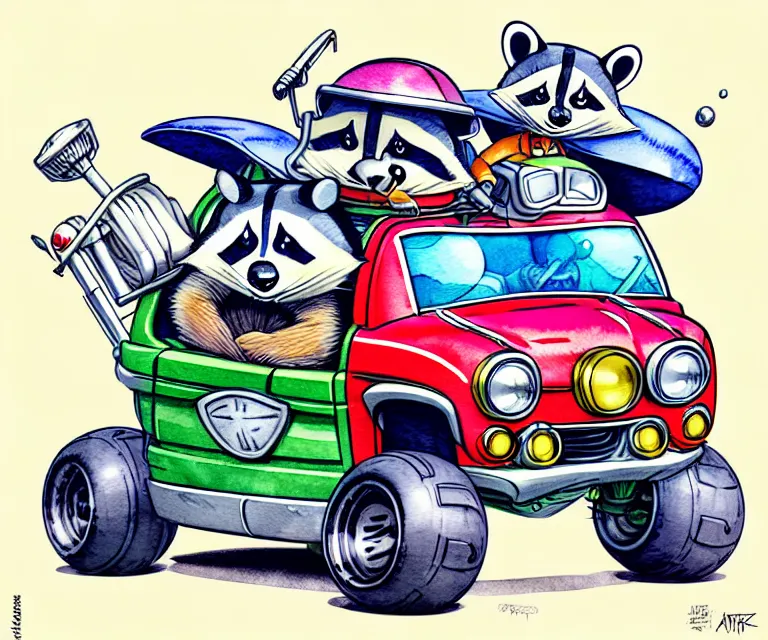 Image similar to cute and funny, racoon wearing a helmet riding in a tiny 4 wheeler with oversized engine, ratfink style by ed roth, centered award winning watercolor pen illustration, isometric illustration by chihiro iwasaki, edited by range murata, tiny details by artgerm, symmetrically centered