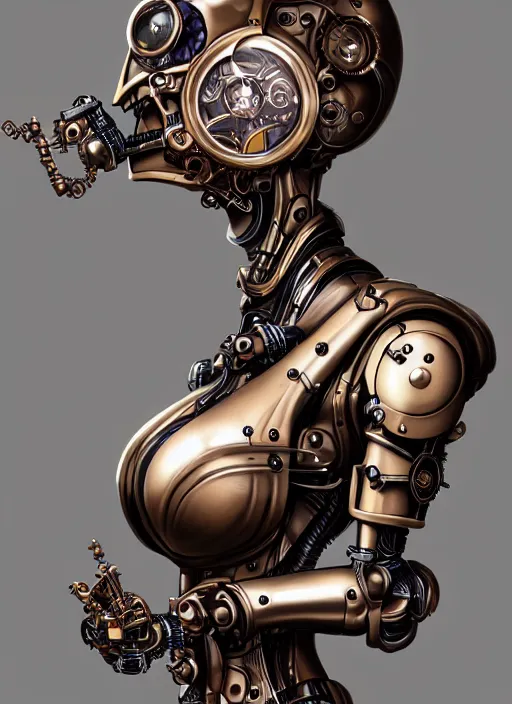 Image similar to portrait of a steampunk robot woman in 1800 by Artgerm, biomechanical, hyper detailled, trending on artstation