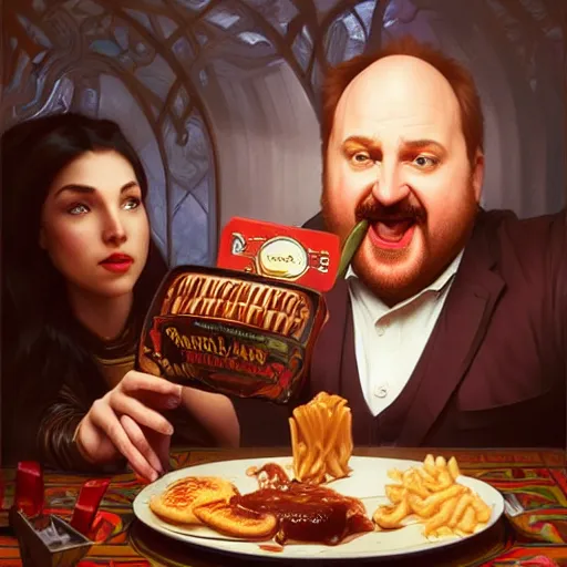 Prompt: louie ck eating big macs, dripping BBQ Sauce, serving happy meals, D&D, spilling ketchup, fantasy, intricate, elegant, highly detailed, digital painting, artstation, concept art, matte, sharp focus, illustration, hearthstone, art by Artgerm and Greg Rutkowski and Alphonse Mucha