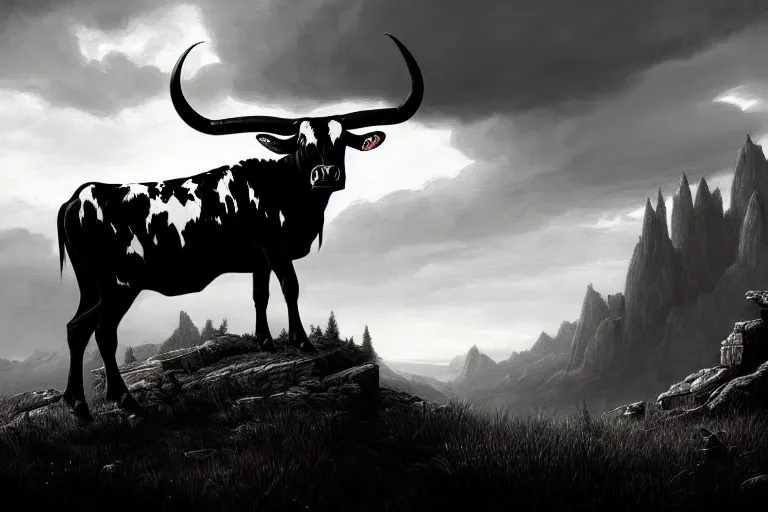 Prompt: a black and white longhorn on a high bluff, key visual, concept art, extremely moody lighting, highly detailed, digital painting, artstation, unreal engine, in the style of charles marion russell and albert bierstadt and frederic remington