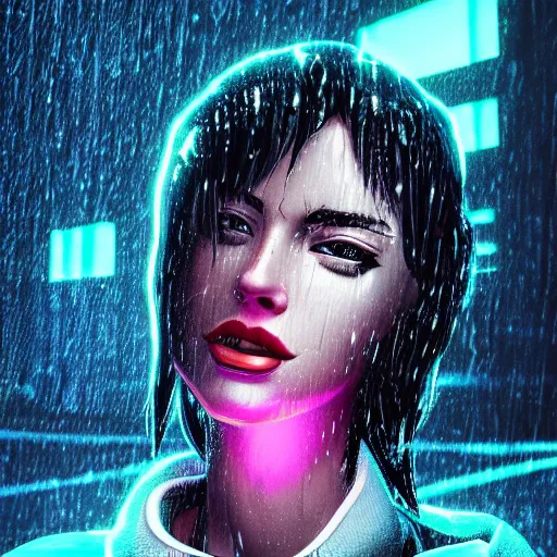 Image similar to stylish cartoon portrait made out of rain, cyberpunk background, rendered in octane, unreal engine, highly detailed, trending on artstation, realistic, splashes of neon, beautiful, handsome, depth of field, glowing eyes