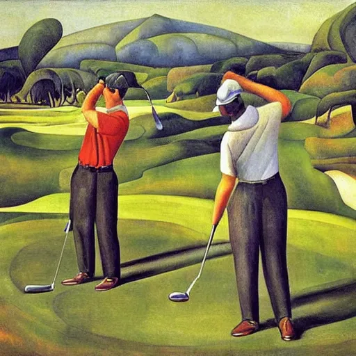 Image similar to Three golfers on a beautiful golf course, by Diego Rivera