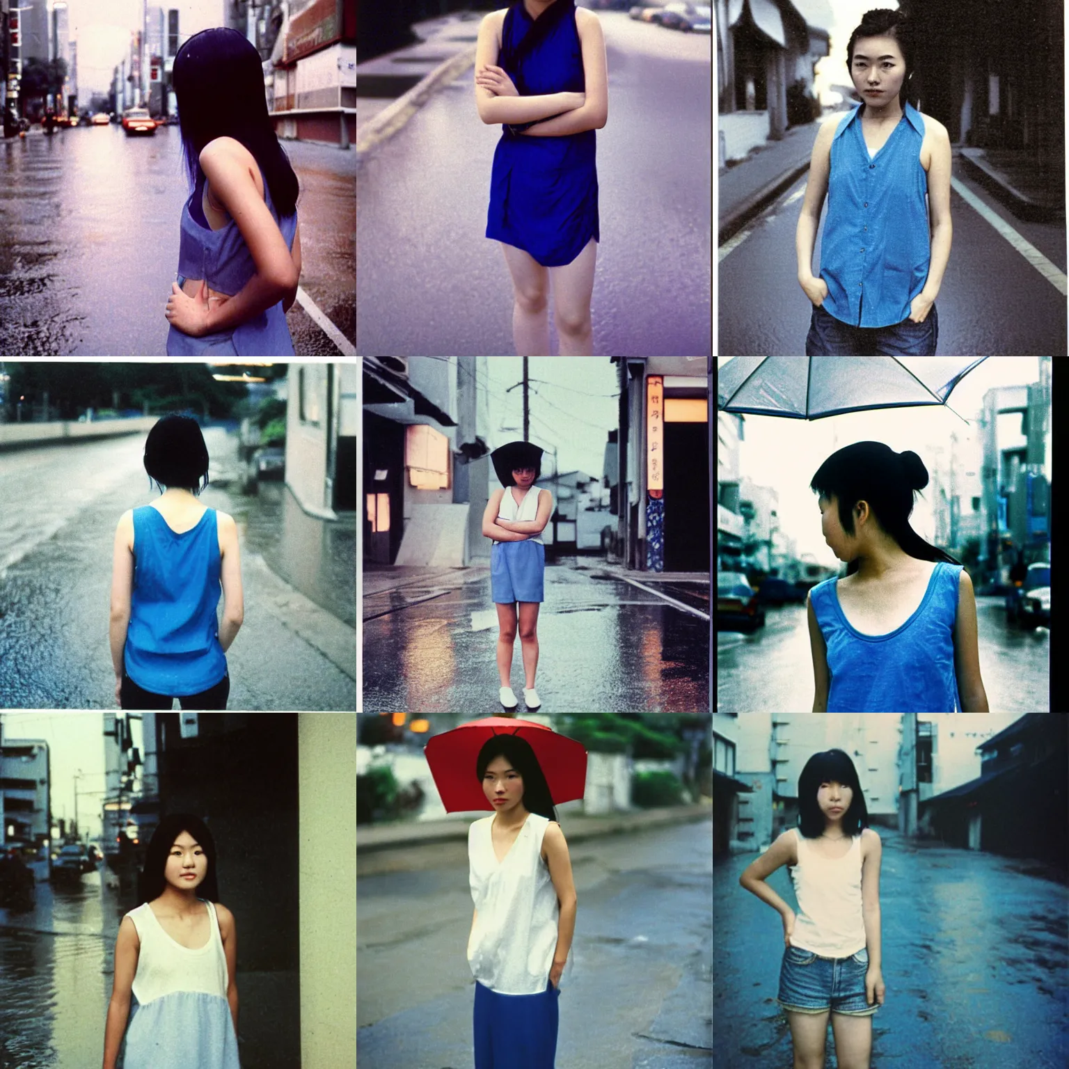Prompt: A middle-shot from front, blue color photograph portrait of a young Japanese woman in sleeveless white shirt is standing in the rainy street, cool twilight, 1990 photo from Japanese photograph Magazine.