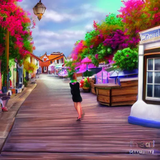 Image similar to by the seaside town street, digital painting, bloom, hyperrealistic, photo