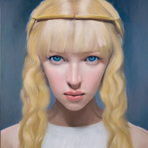 Image similar to a symmetrical portrait of a blonde woman with bows, oil painting, pale colors, high detail, 8 k, wide angle, trending on artstation,