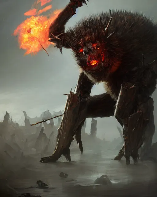 Image similar to oil painting of Angry Anthropomorphized Ant Berserker, wearing fur armor, claws, sharp focus, attack pose, fantasy style, octane render, volumetric lighting, 8k high definition, by greg rutkowski, highly detailed, trending on art Station, magic the gathering artwork, burning Battlefield background, centered