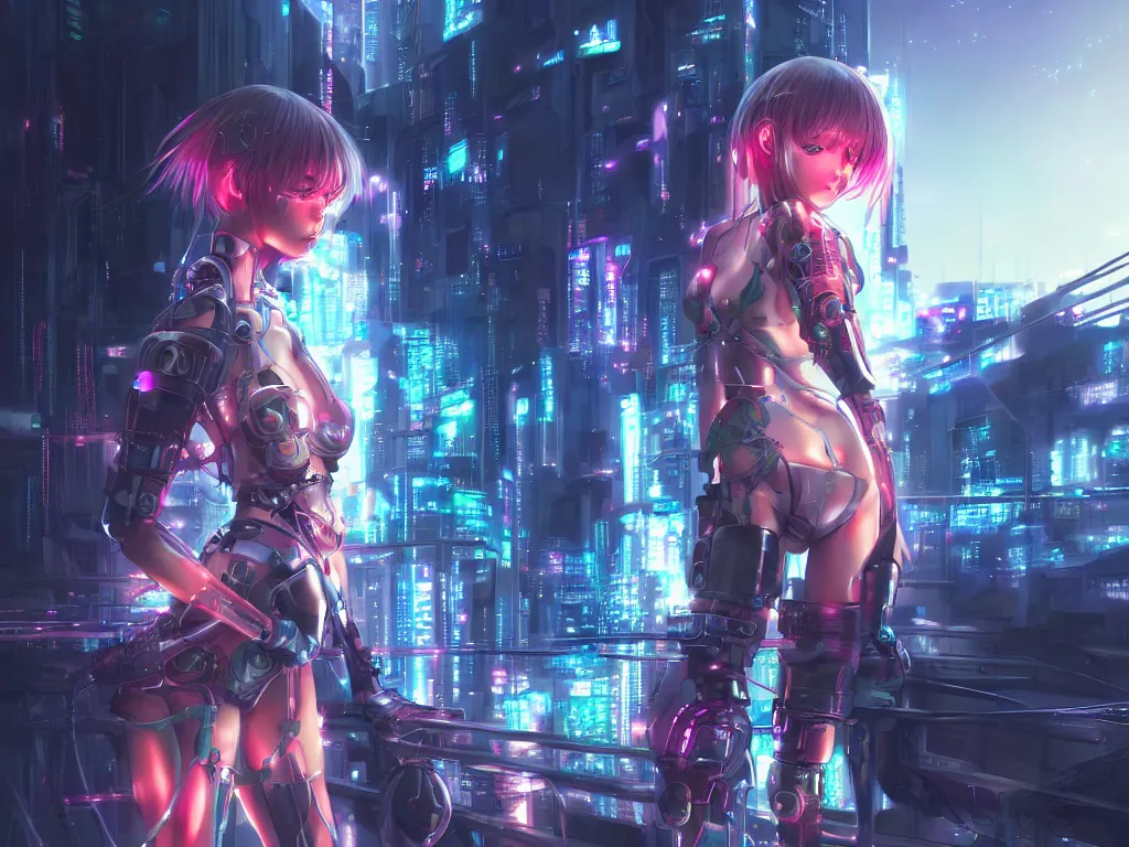 Prompt: anime visual of portrait futuristic cyber warrior girl, in future cyberpunk tokyo rooftop, ssci - fi, fantasy, intricate, very very beautiful, elegant, neon light, highly detailed, digital painting, artstation, concept art, smooth, sharp focus, illustration, art by wlop and tian zi and artgerm