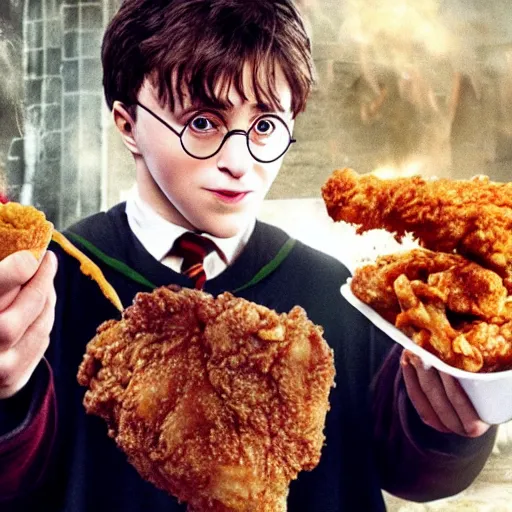 Image similar to obese harry potter eating fried chicken, movie still